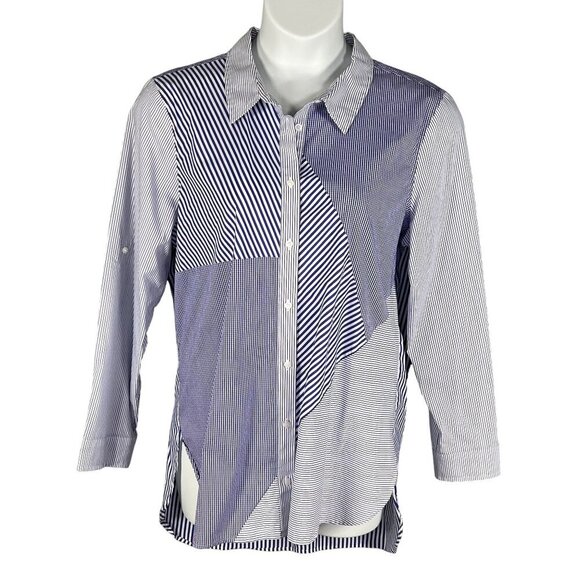 Calvin Klein Womens XL Purple Gingham Striped Patchwork Button Up Shirt Office - Picture 8 of 16